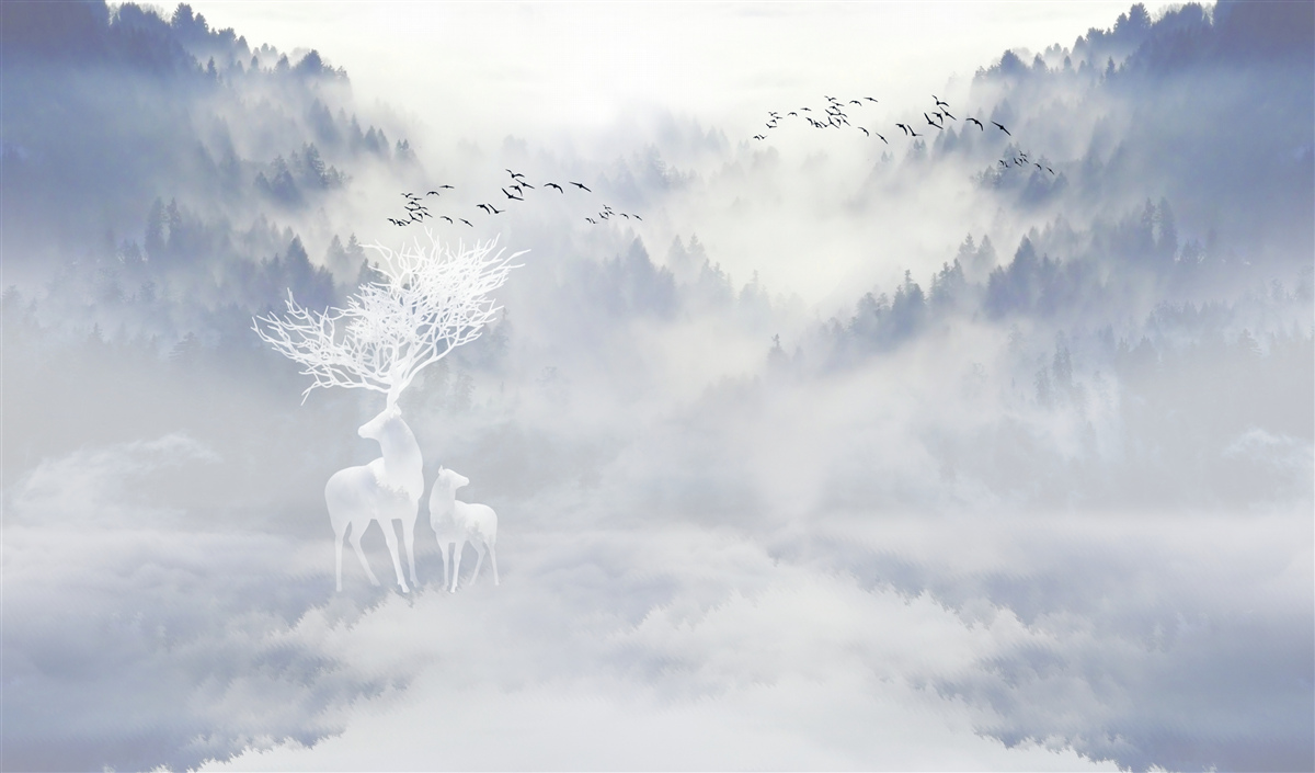 Фотошпалери у туманному лісі жила благородна родина оленів