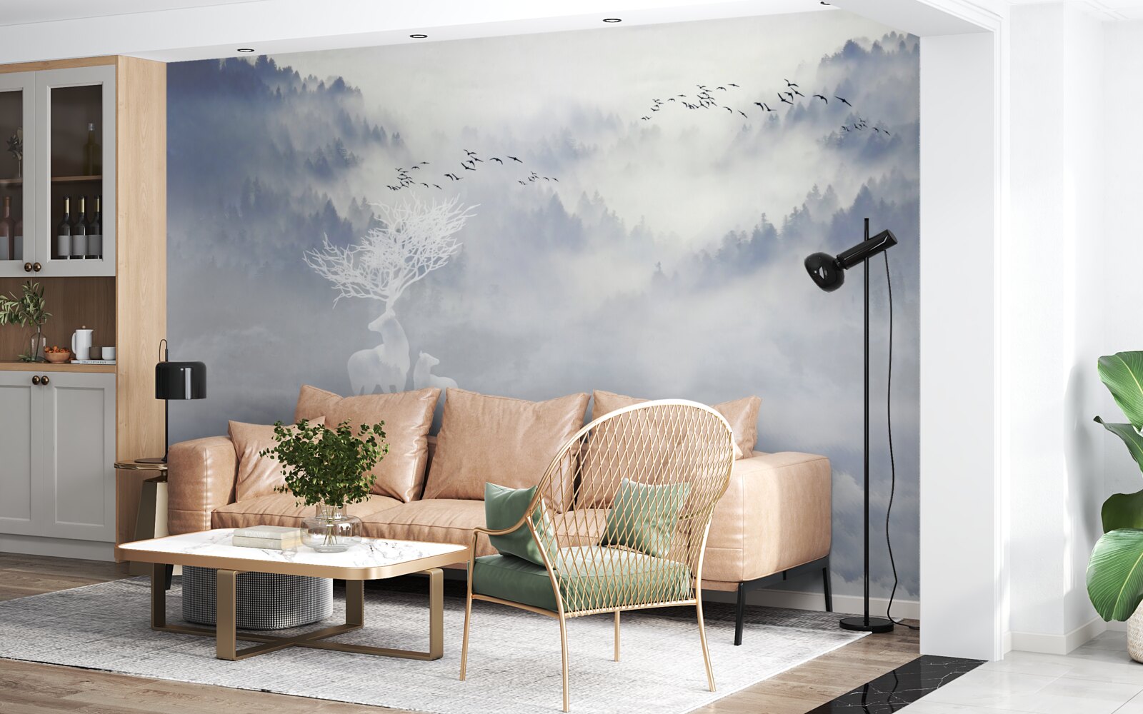 Фотошпалери у туманному лісі жила благородна родина оленів