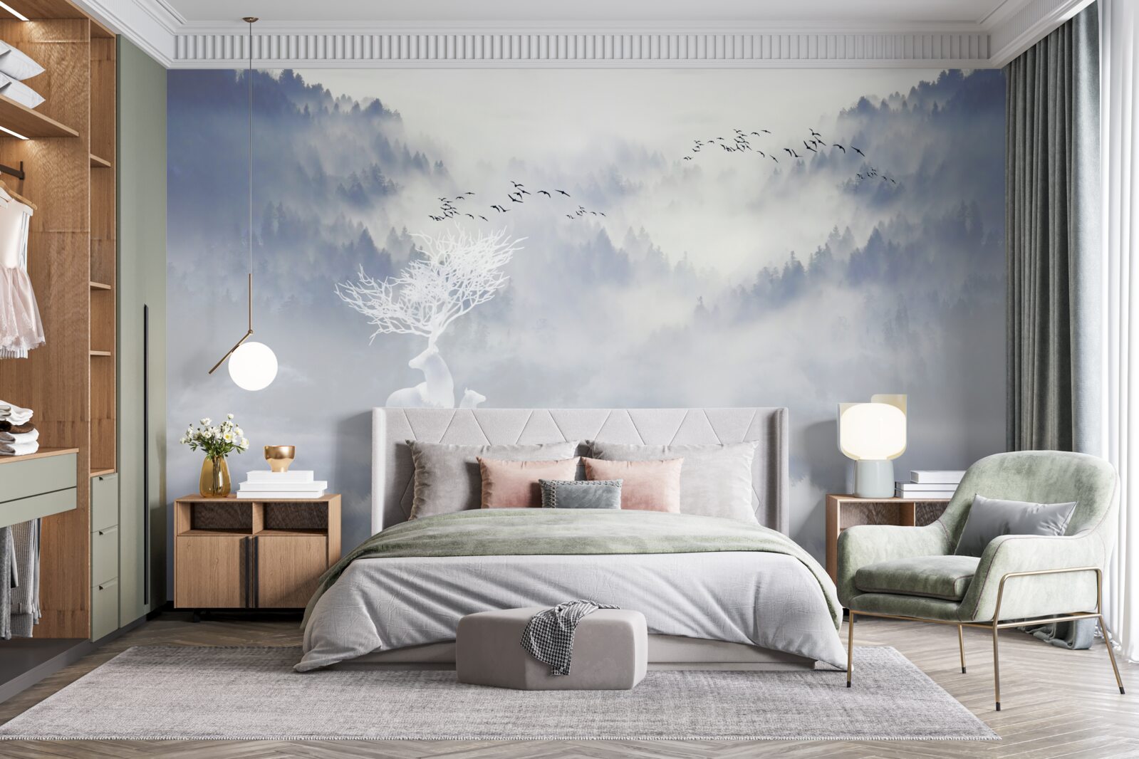 Фотошпалери у туманному лісі жила благородна родина оленів