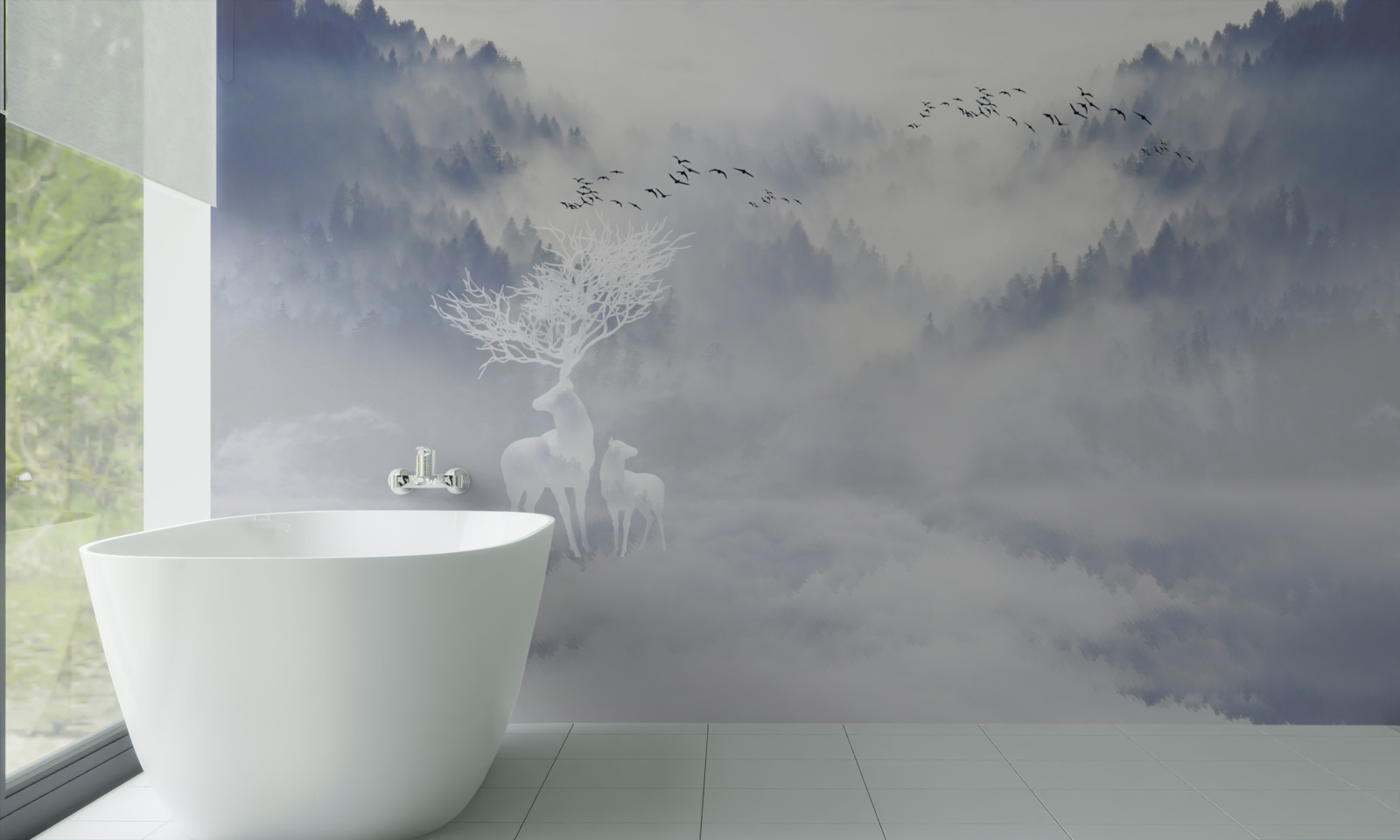 Фотошпалери у туманному лісі жила благородна родина оленів