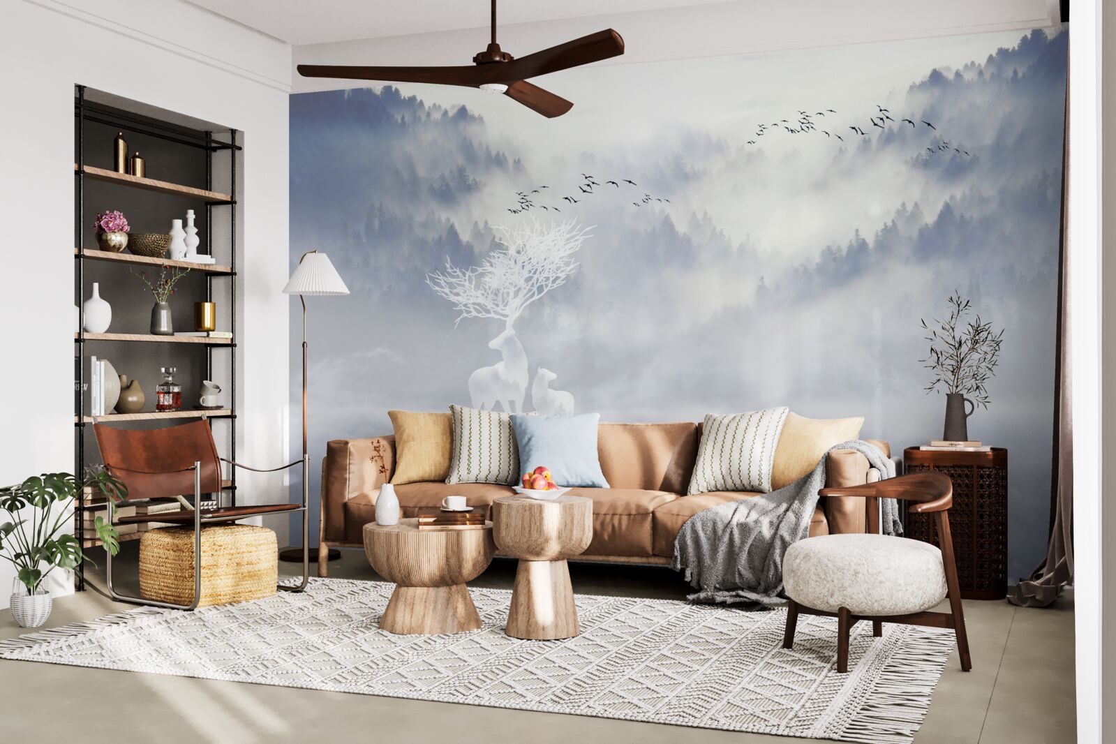 Фотошпалери у туманному лісі жила благородна родина оленів