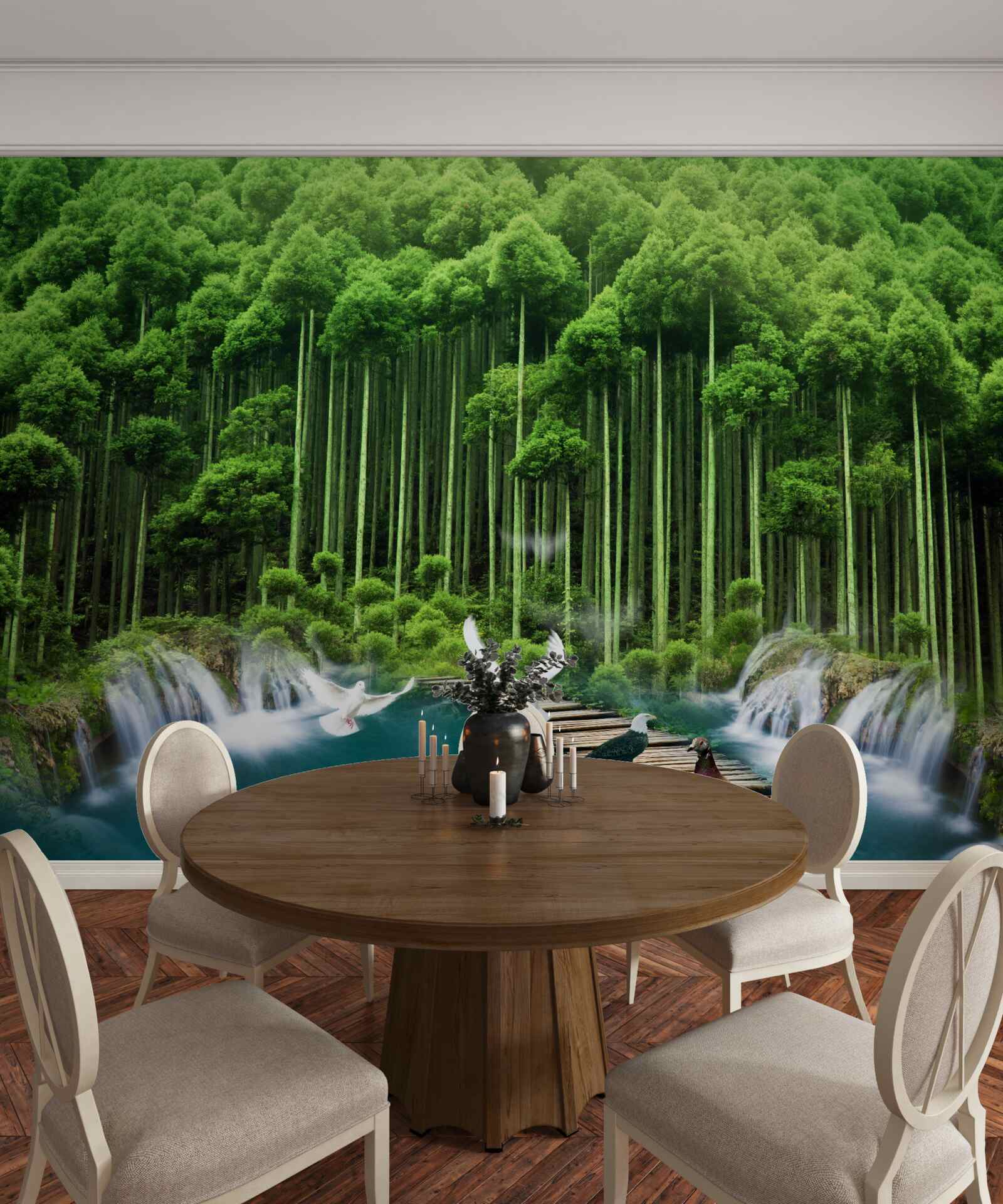 Фотошпалери водопій у зеленому чагарнику, де зібралися птахи