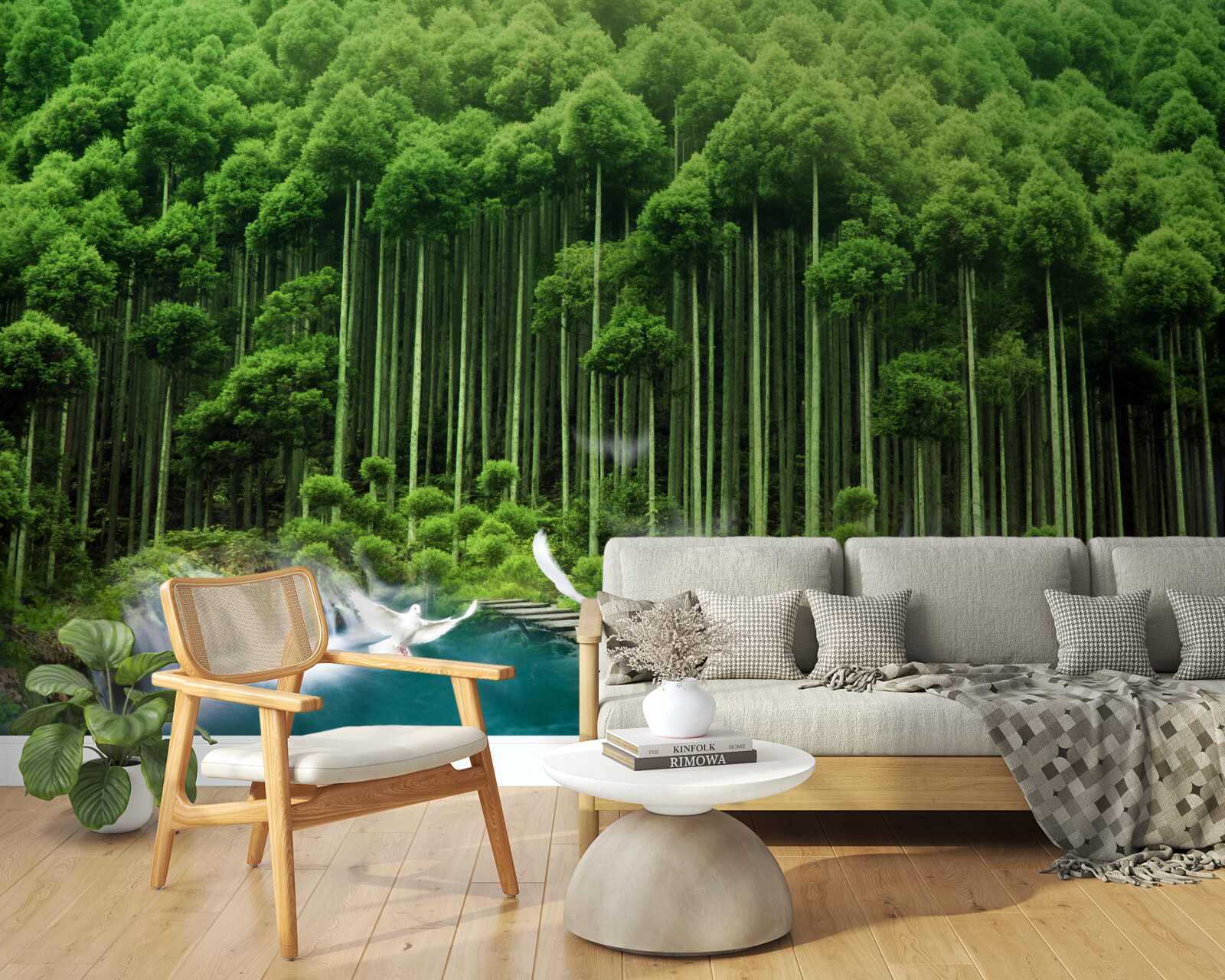 Фотошпалери водопій у зеленому чагарнику, де зібралися птахи