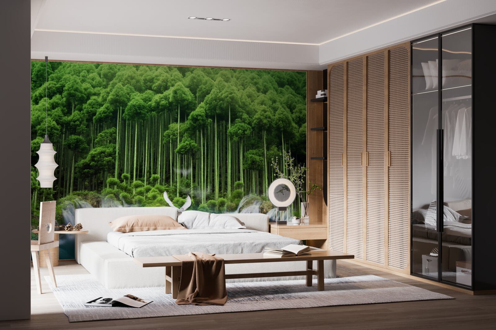 Фотошпалери водопій у зеленому чагарнику, де зібралися птахи