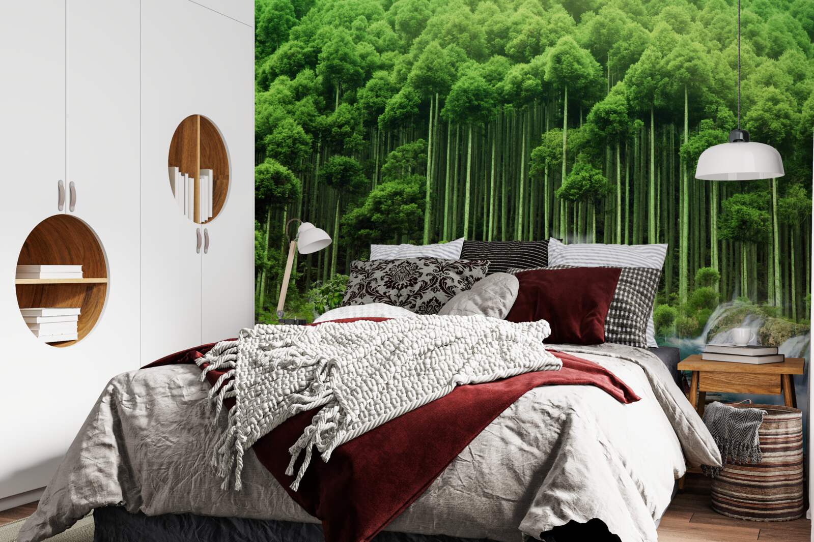 Фотошпалери водопій у зеленому чагарнику, де зібралися птахи