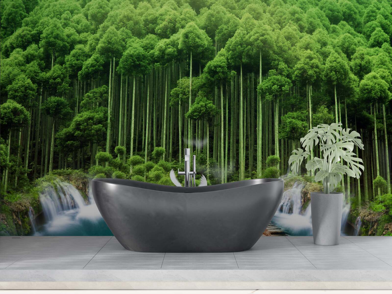 Фотошпалери водопій у зеленому чагарнику, де зібралися птахи