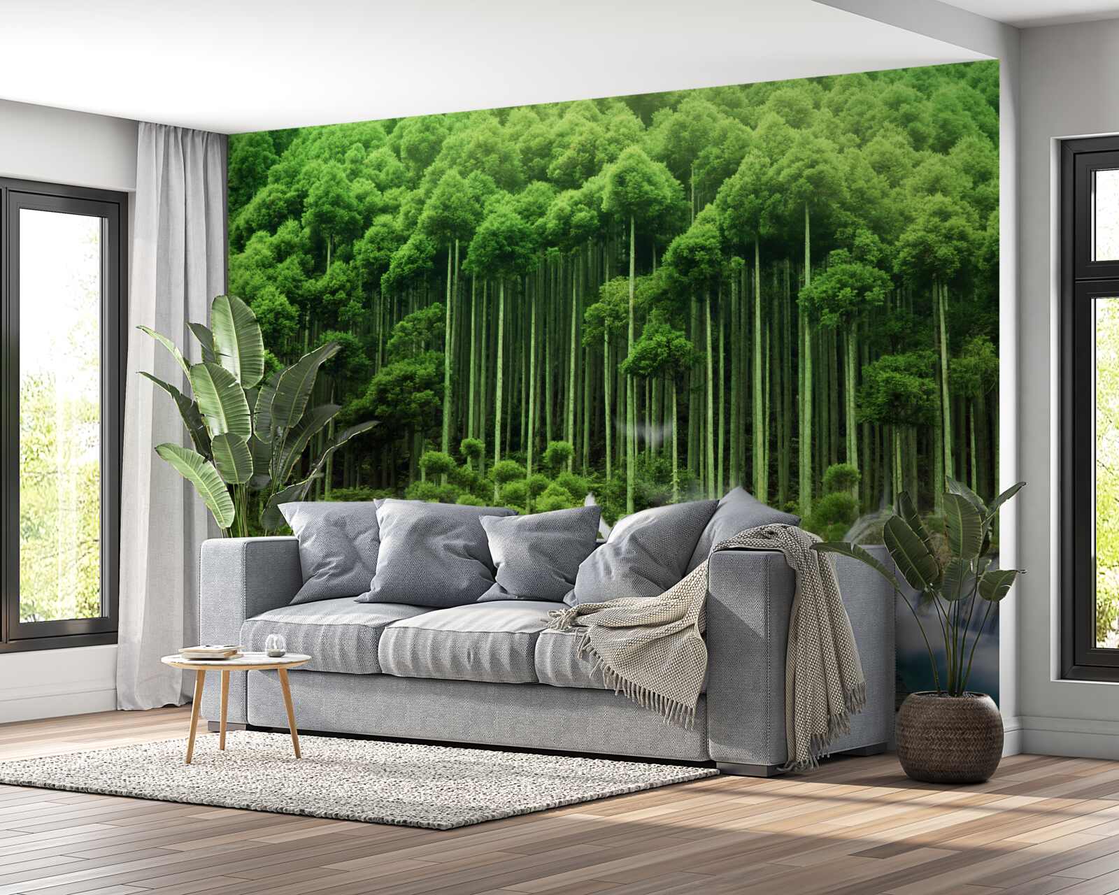 Фотошпалери водопій у зеленому чагарнику, де зібралися птахи