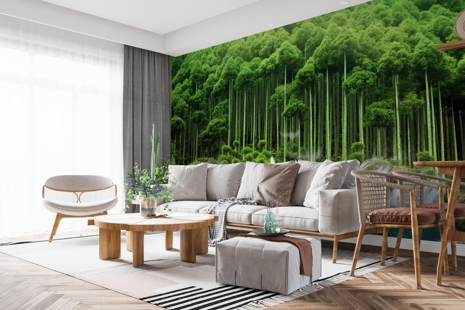 Фотошпалери водопій у зеленому чагарнику, де зібралися птахи