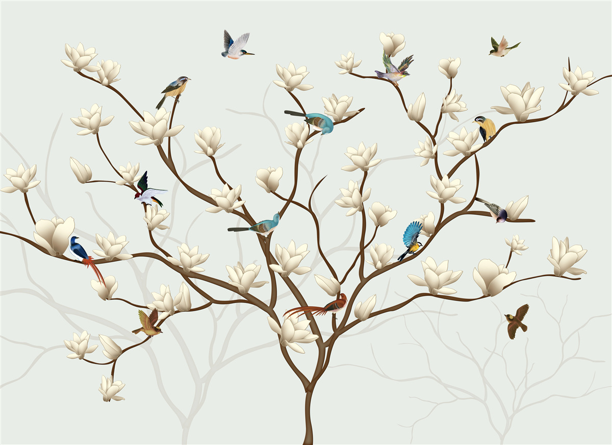 Фотошпалери магнолія має білий колір і населена різноманітними птахами