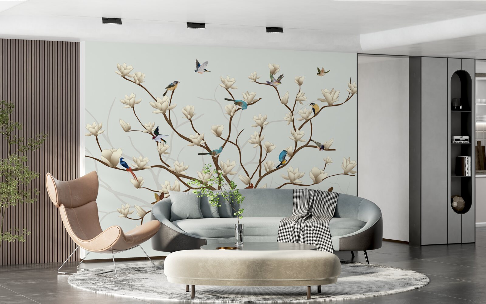 Фотошпалери магнолія має білий колір і населена різноманітними птахами