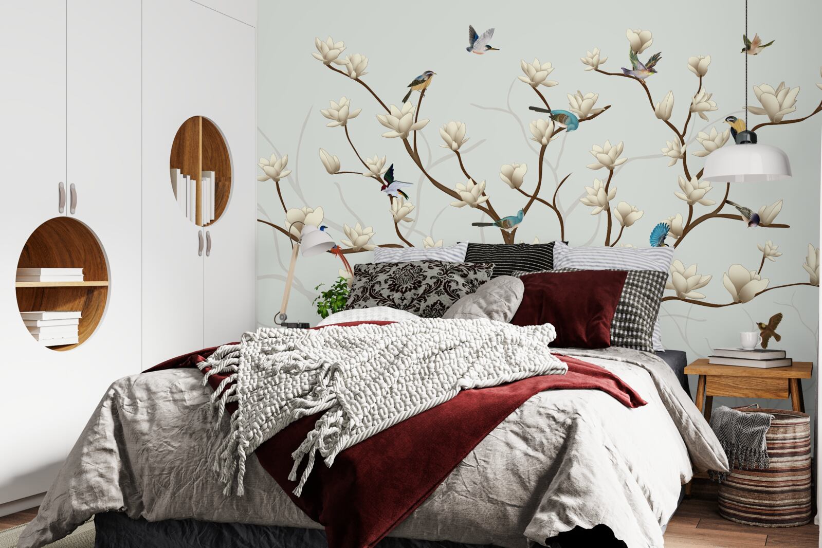 Фотошпалери магнолія має білий колір і населена різноманітними птахами