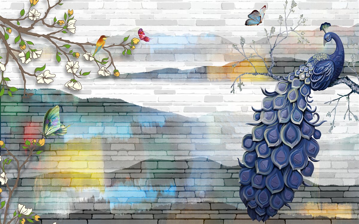 Фотошпалери абстракція павича та гілки жасмину