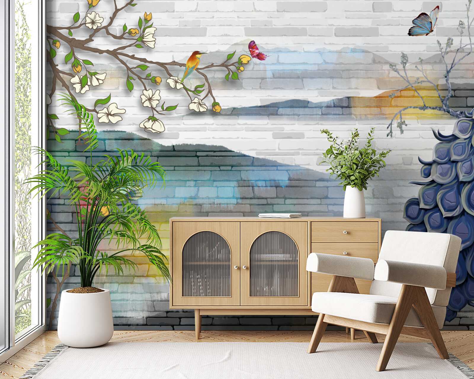 Фотошпалери абстракція павича та гілки жасмину