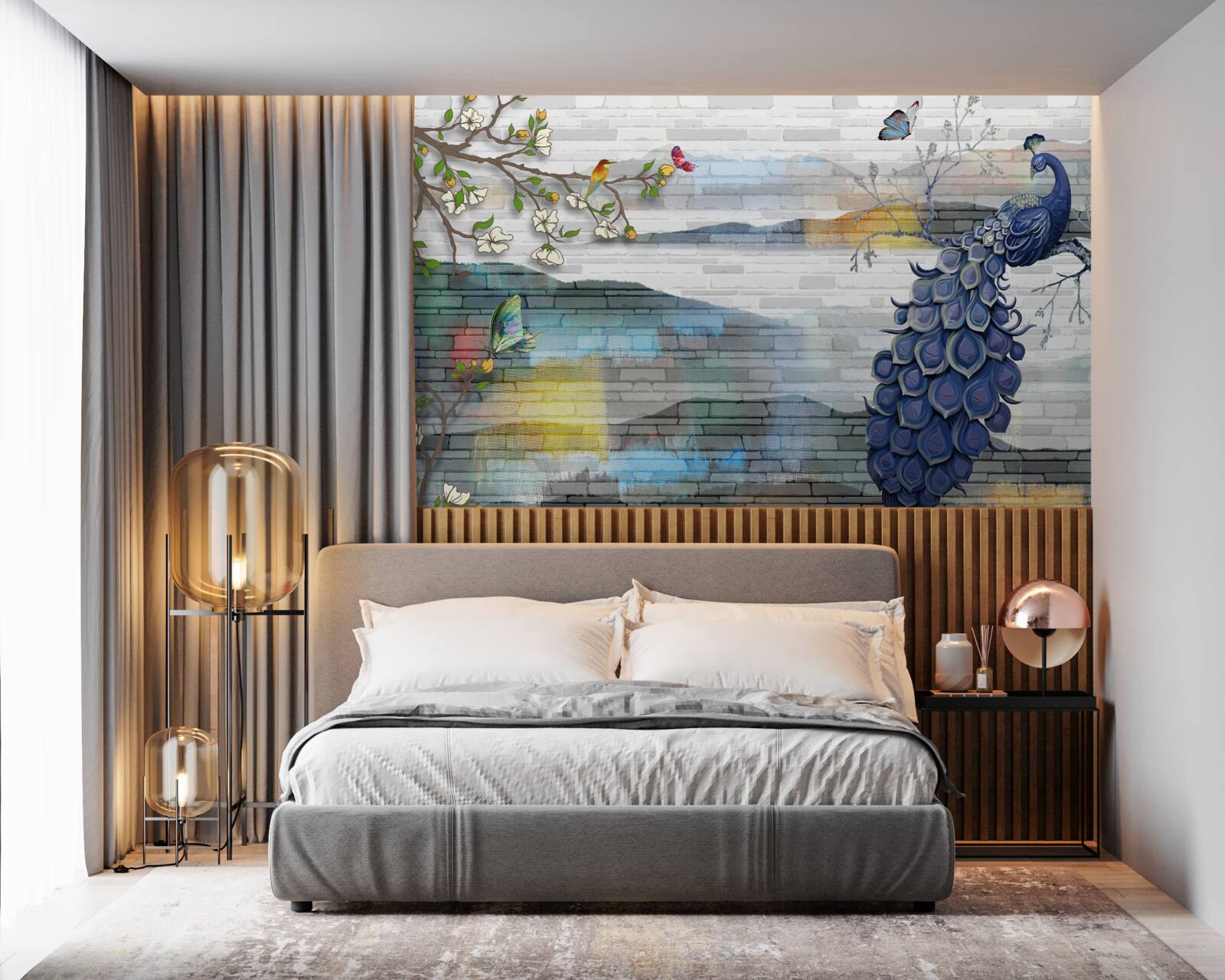 Фотошпалери абстракція павича та гілки жасмину