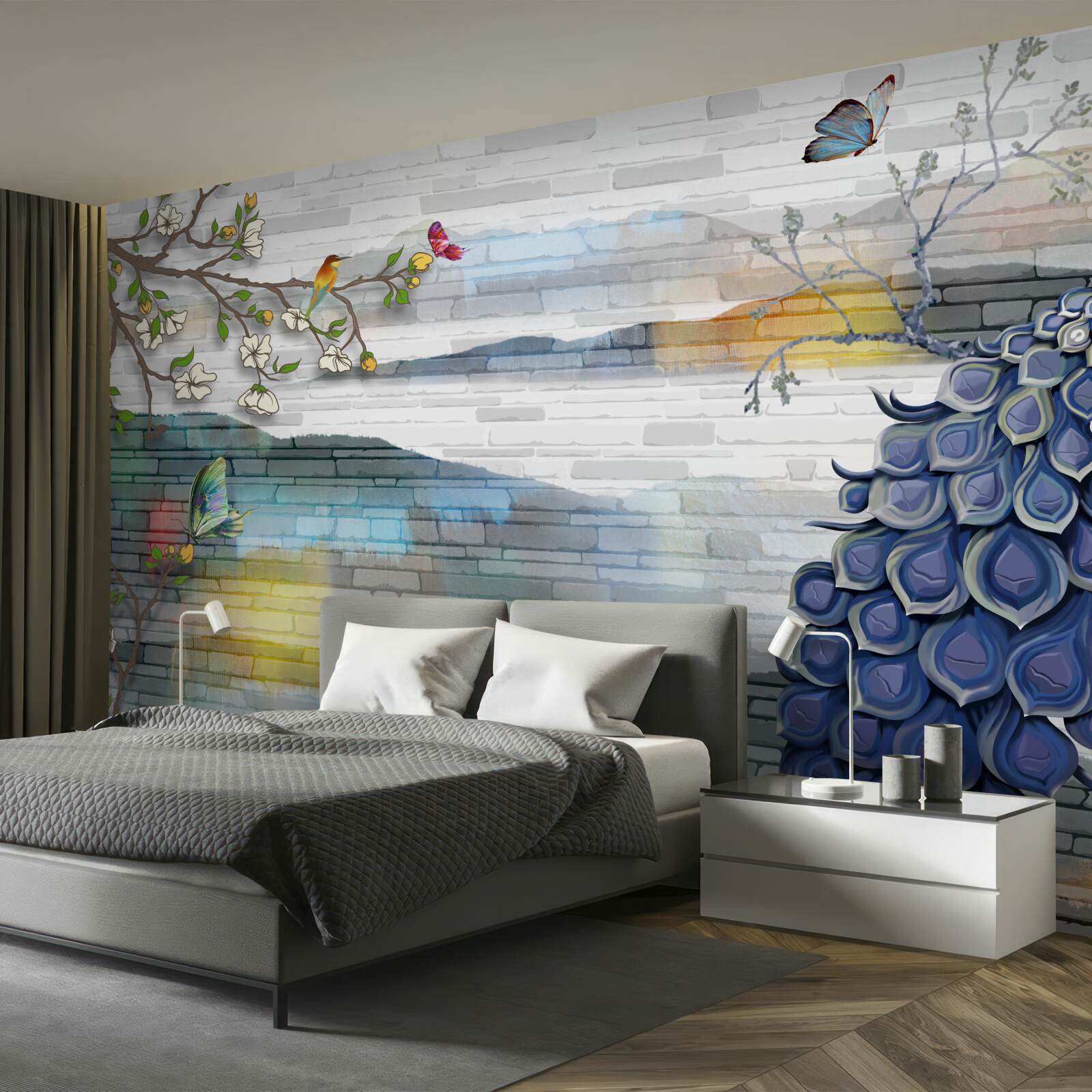 Фотошпалери абстракція павича та гілки жасмину