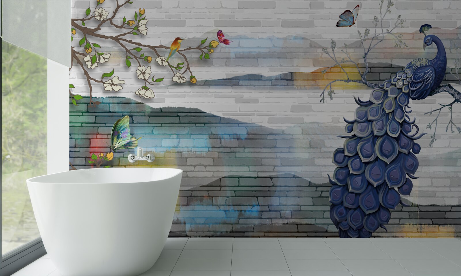 Фотошпалери абстракція павича та гілки жасмину