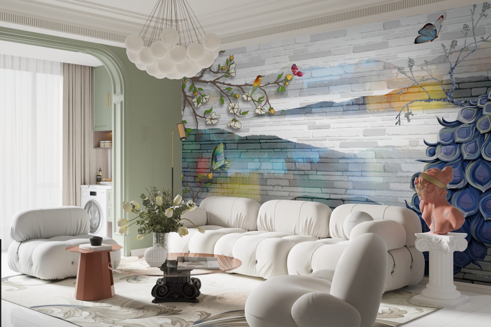 Фотошпалери абстракція павича та гілки жасмину