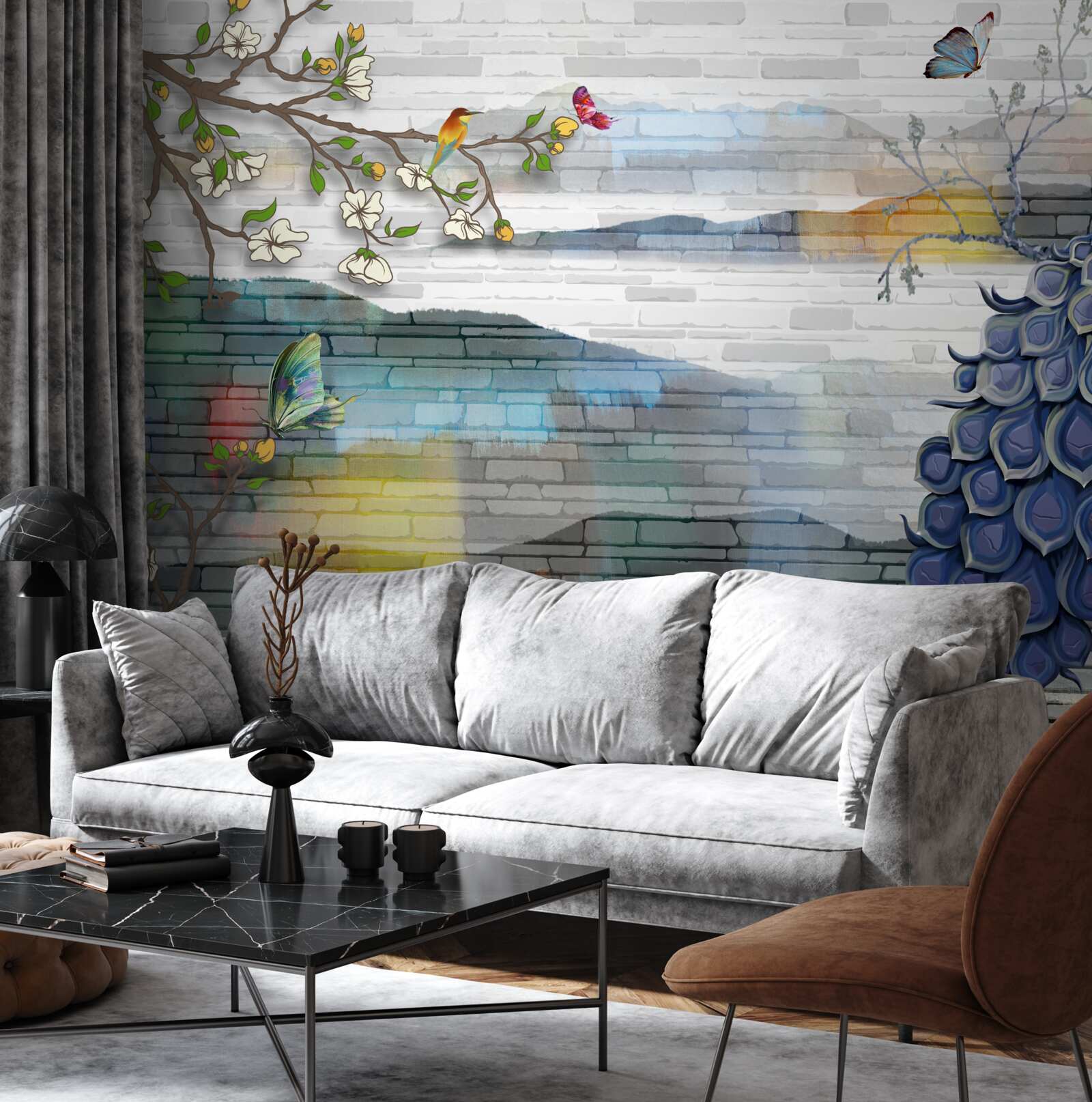 Фотошпалери абстракція павича та гілки жасмину