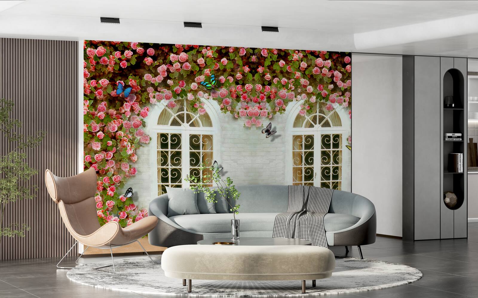 Фотошпалери вікна оточені квітучими трояндами