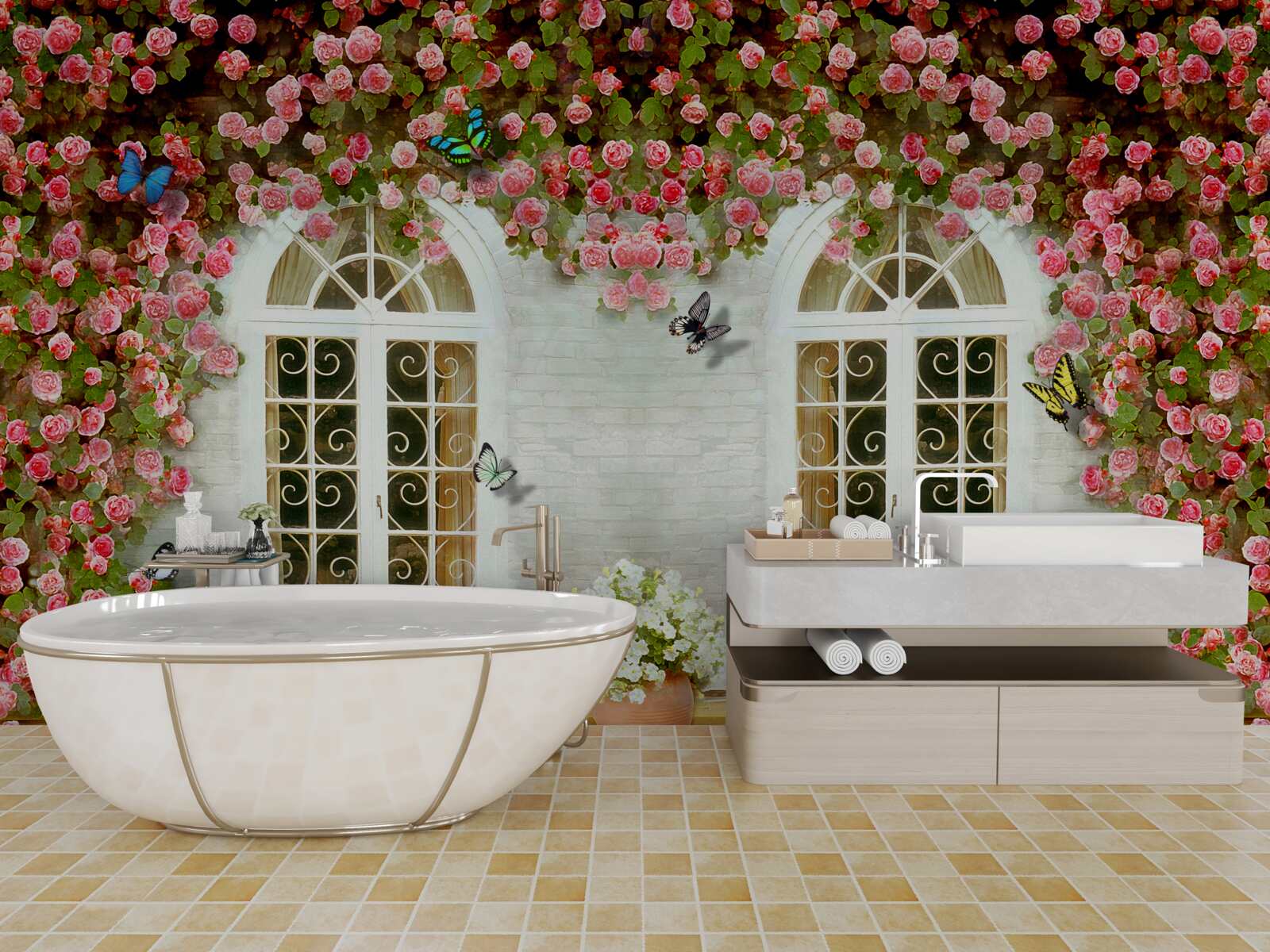 Фотошпалери вікна оточені квітучими трояндами