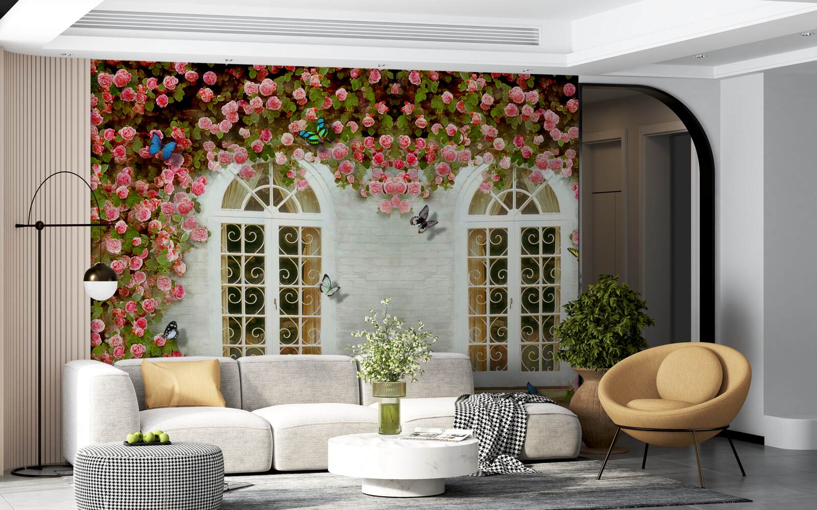 Фотошпалери вікна оточені квітучими трояндами