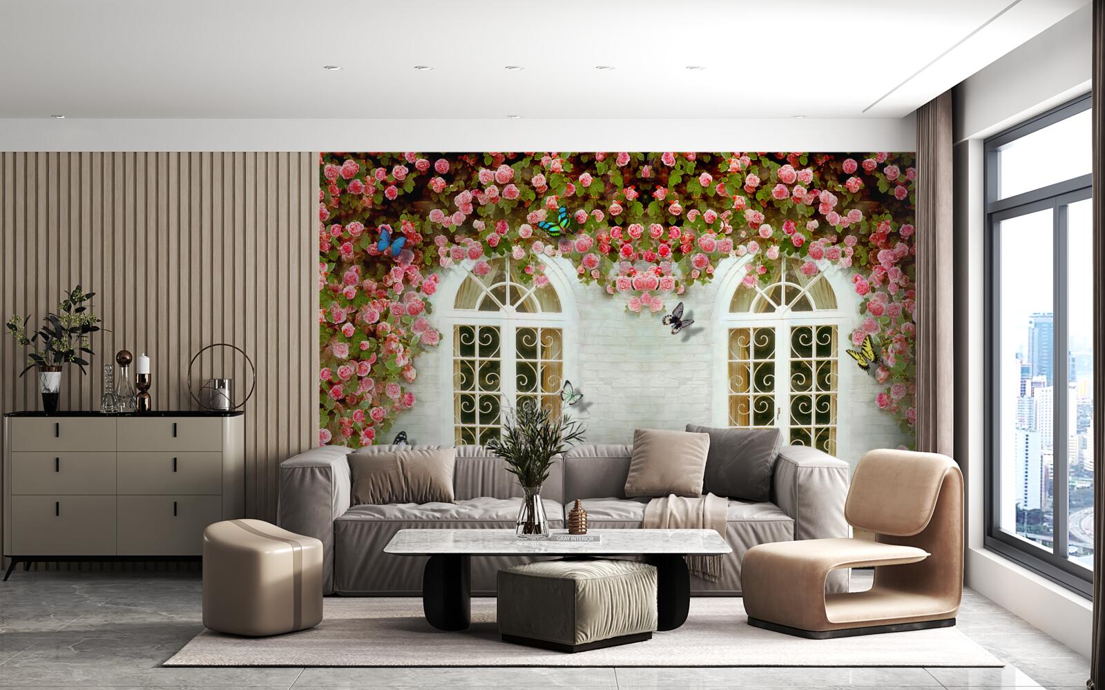 Фотошпалери вікна оточені квітучими трояндами