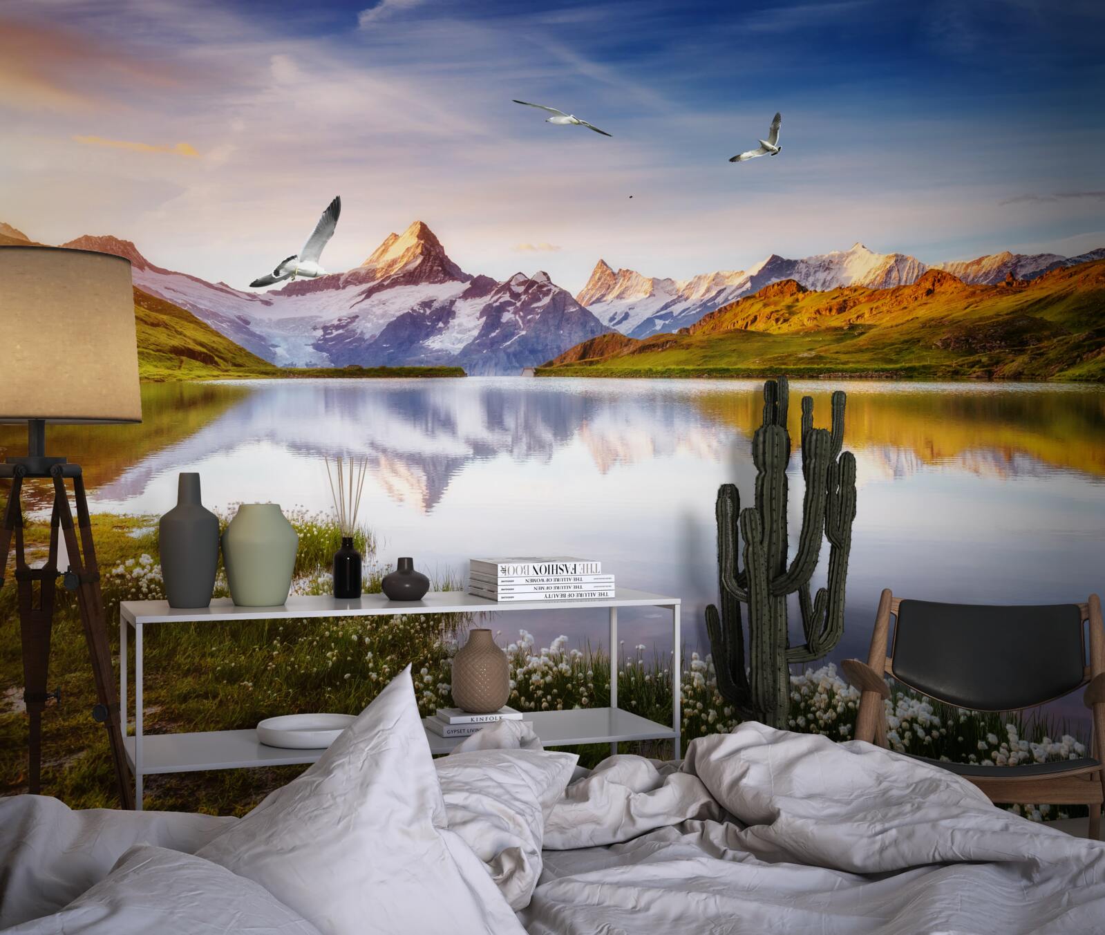 Фотошпалери захід сонця над гірською річкою