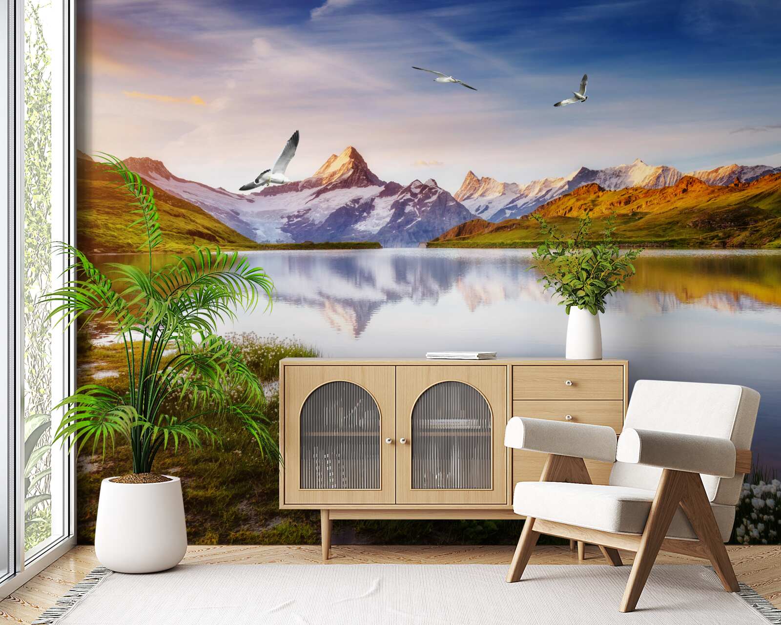 Фотошпалери захід сонця над гірською річкою