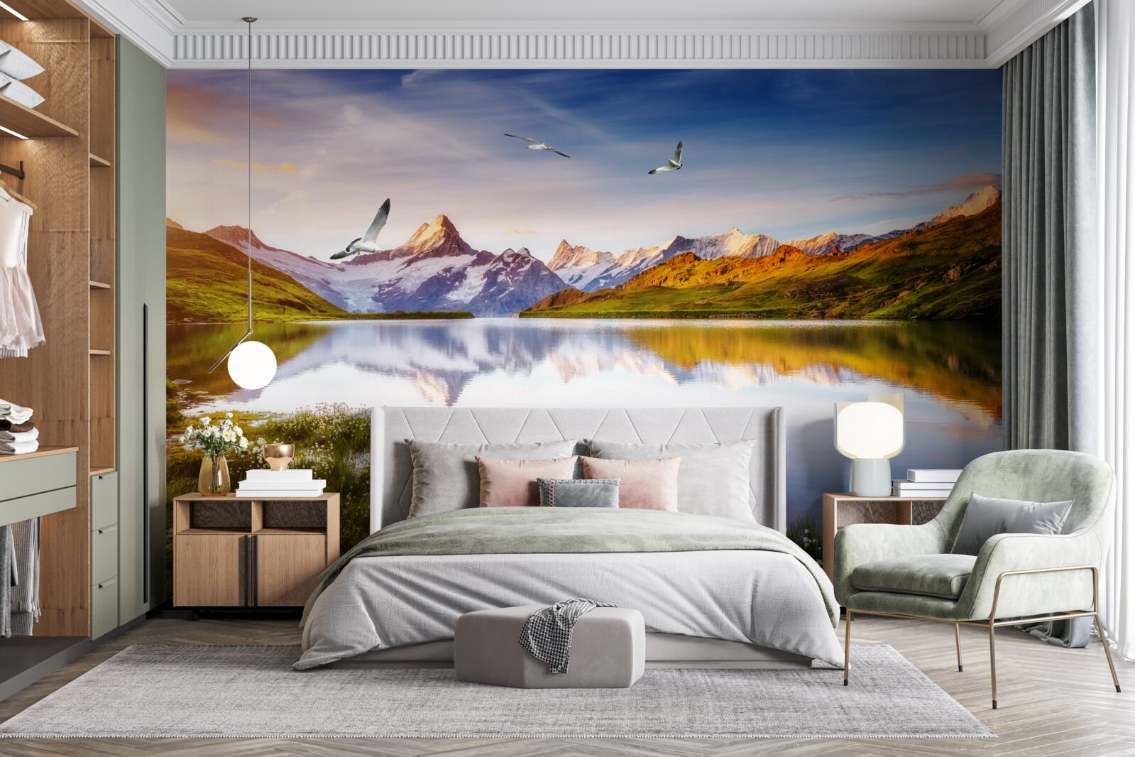 Фотошпалери захід сонця над гірською річкою