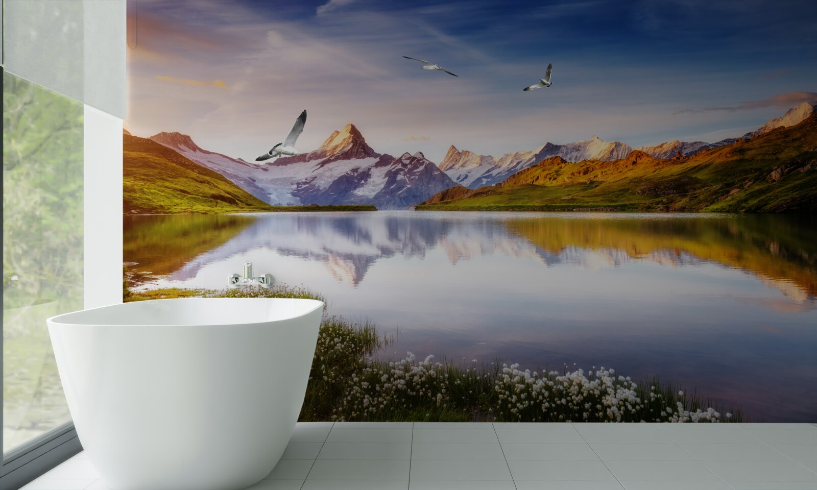 Фотошпалери захід сонця над гірською річкою