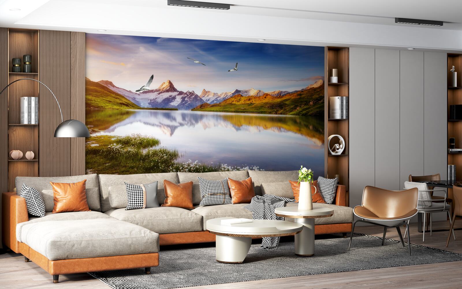 Фотошпалери захід сонця над гірською річкою