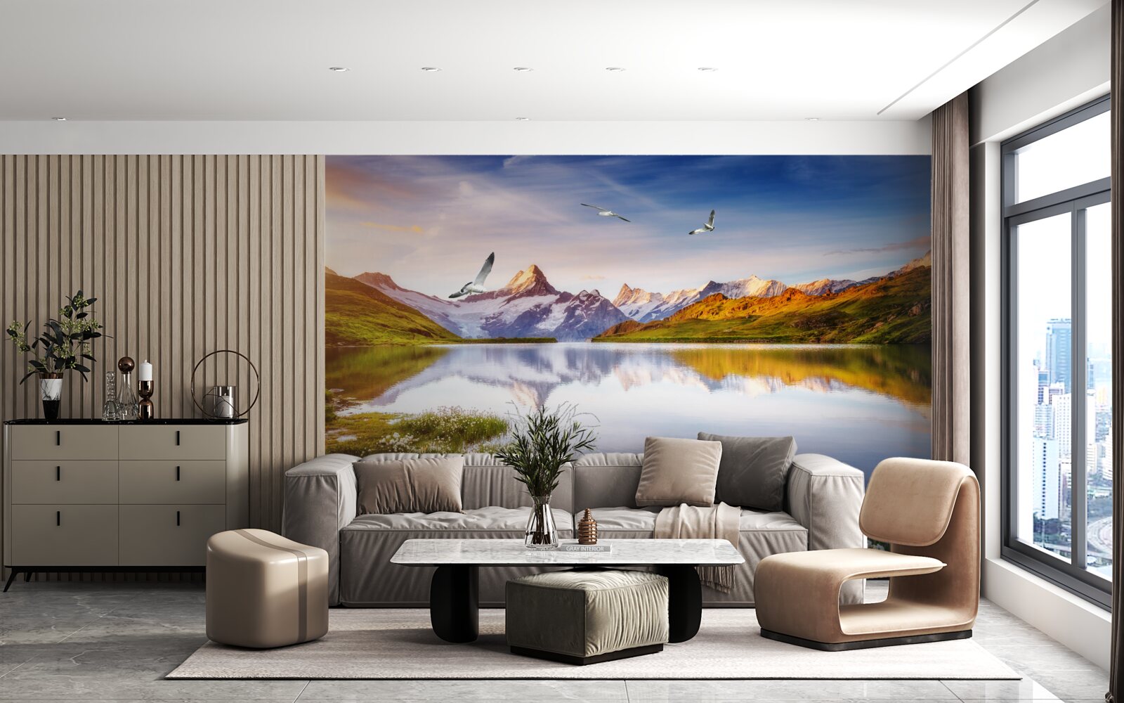 Фотошпалери захід сонця над гірською річкою