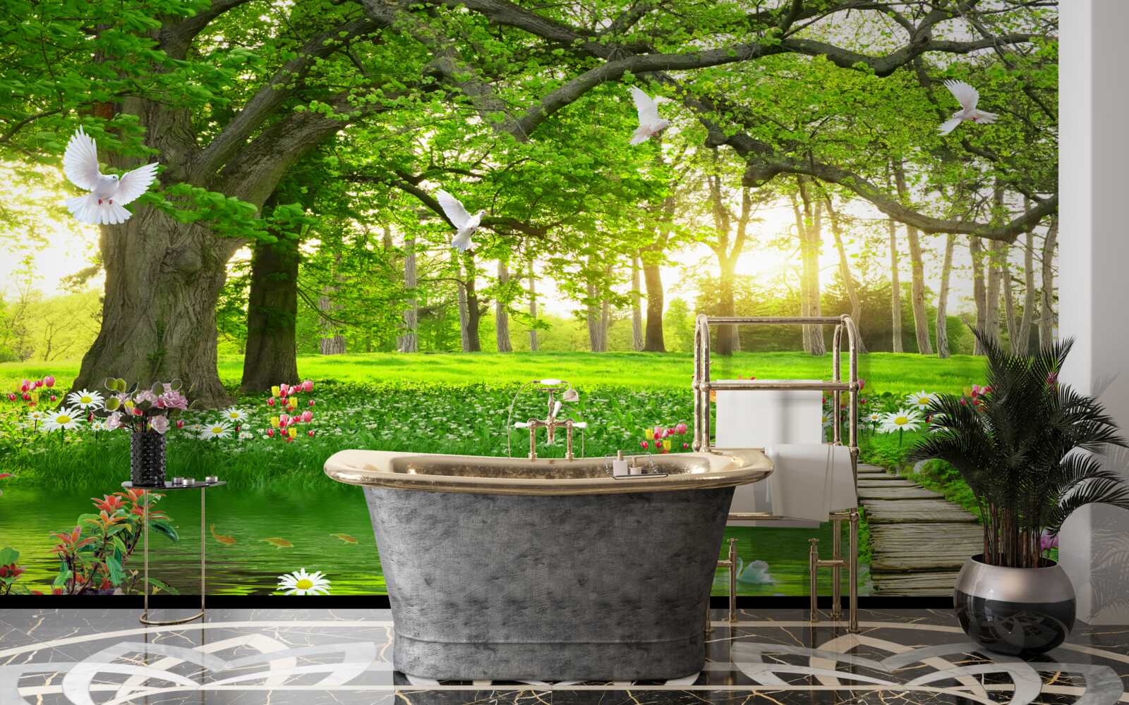 Фотошпалери на світанку зеленіє сонячний луг