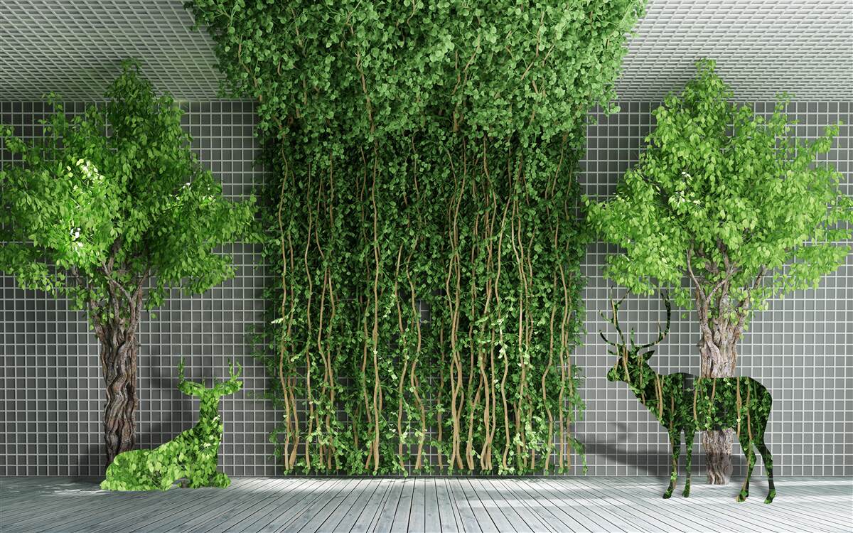 Фотошпалери зелений ліс оточує сцену з оленями