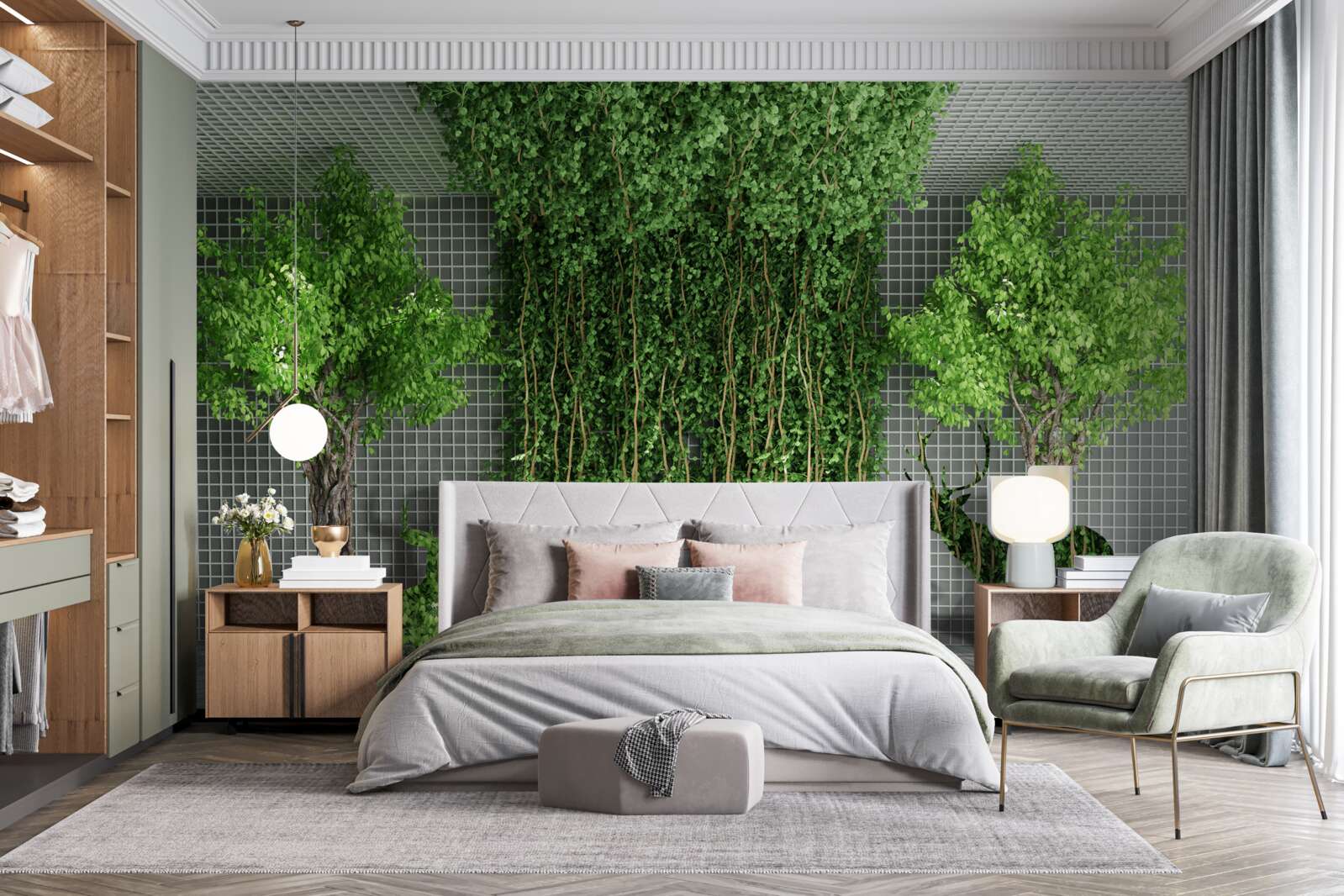 Фотошпалери зелений ліс оточує сцену з оленями