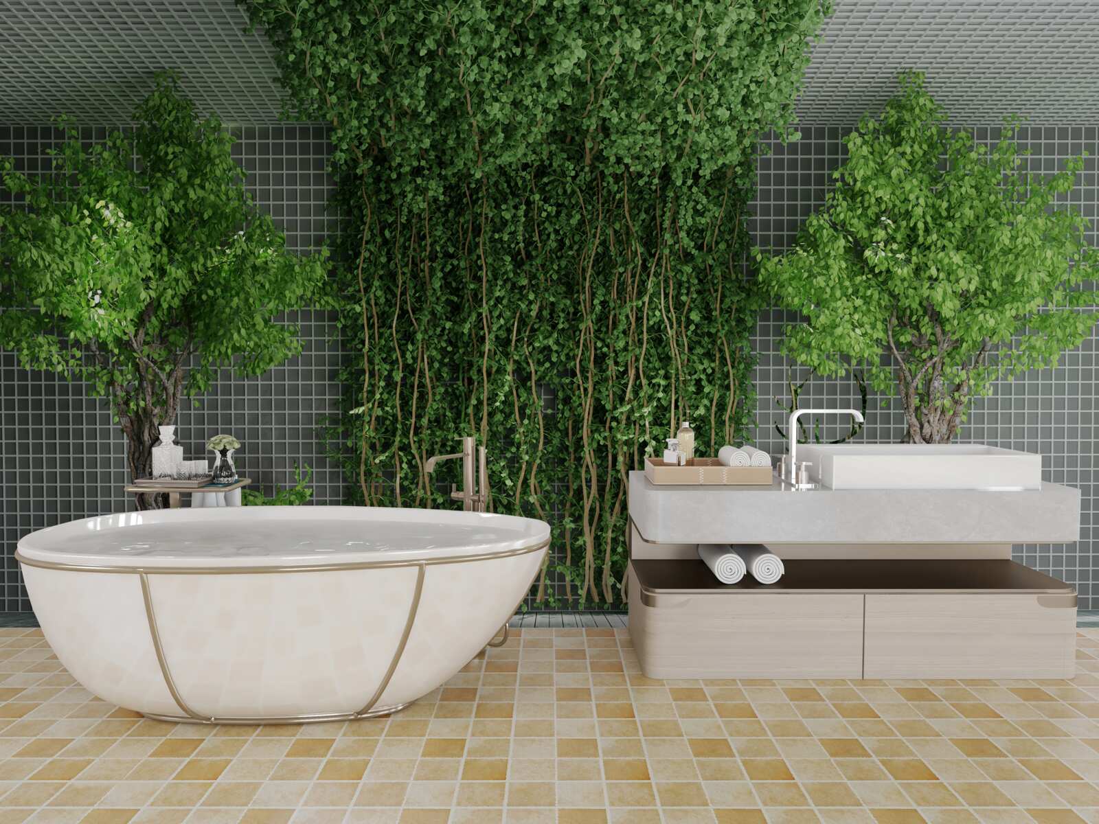 Фотошпалери зелений ліс оточує сцену з оленями