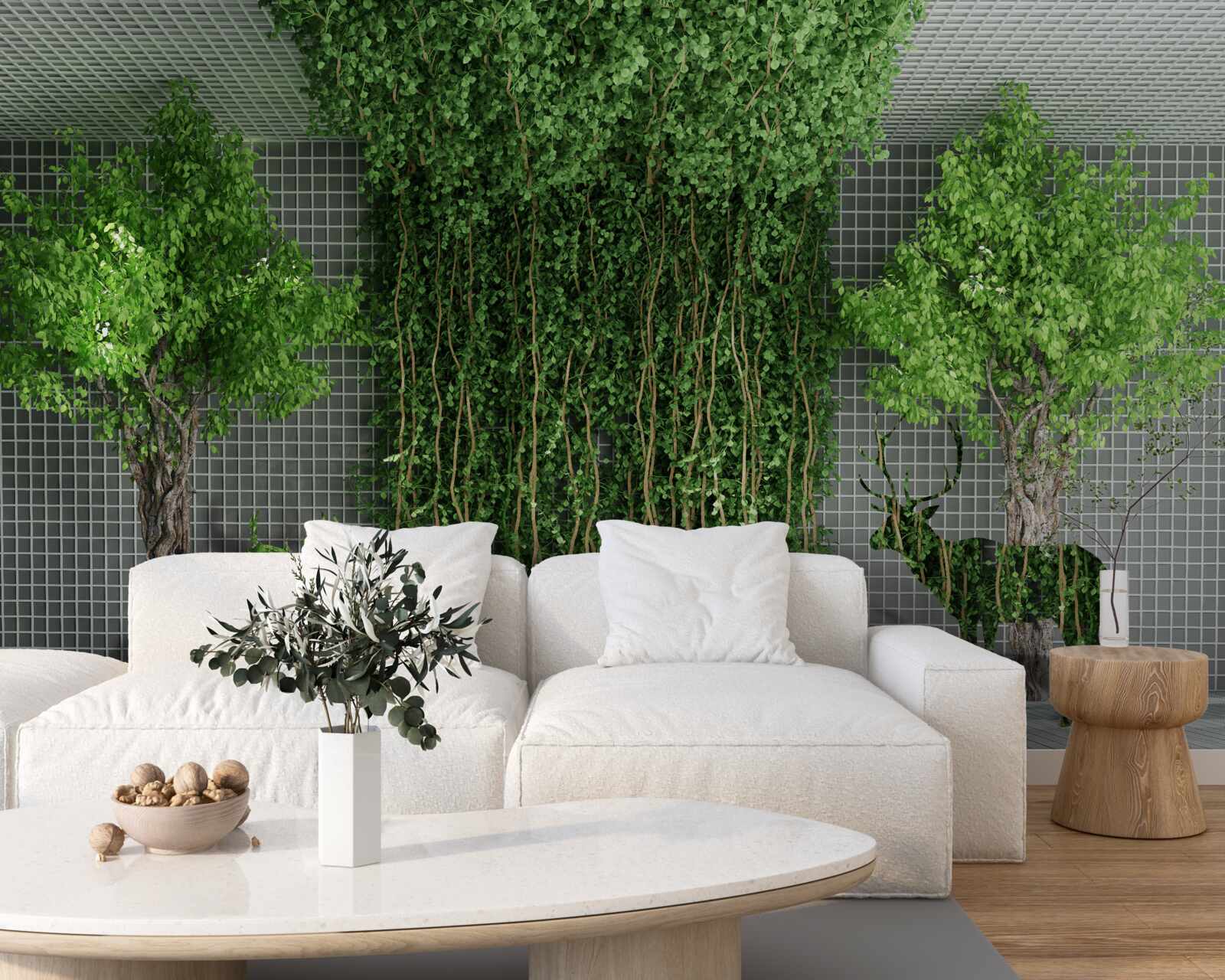 Фотошпалери зелений ліс оточує сцену з оленями