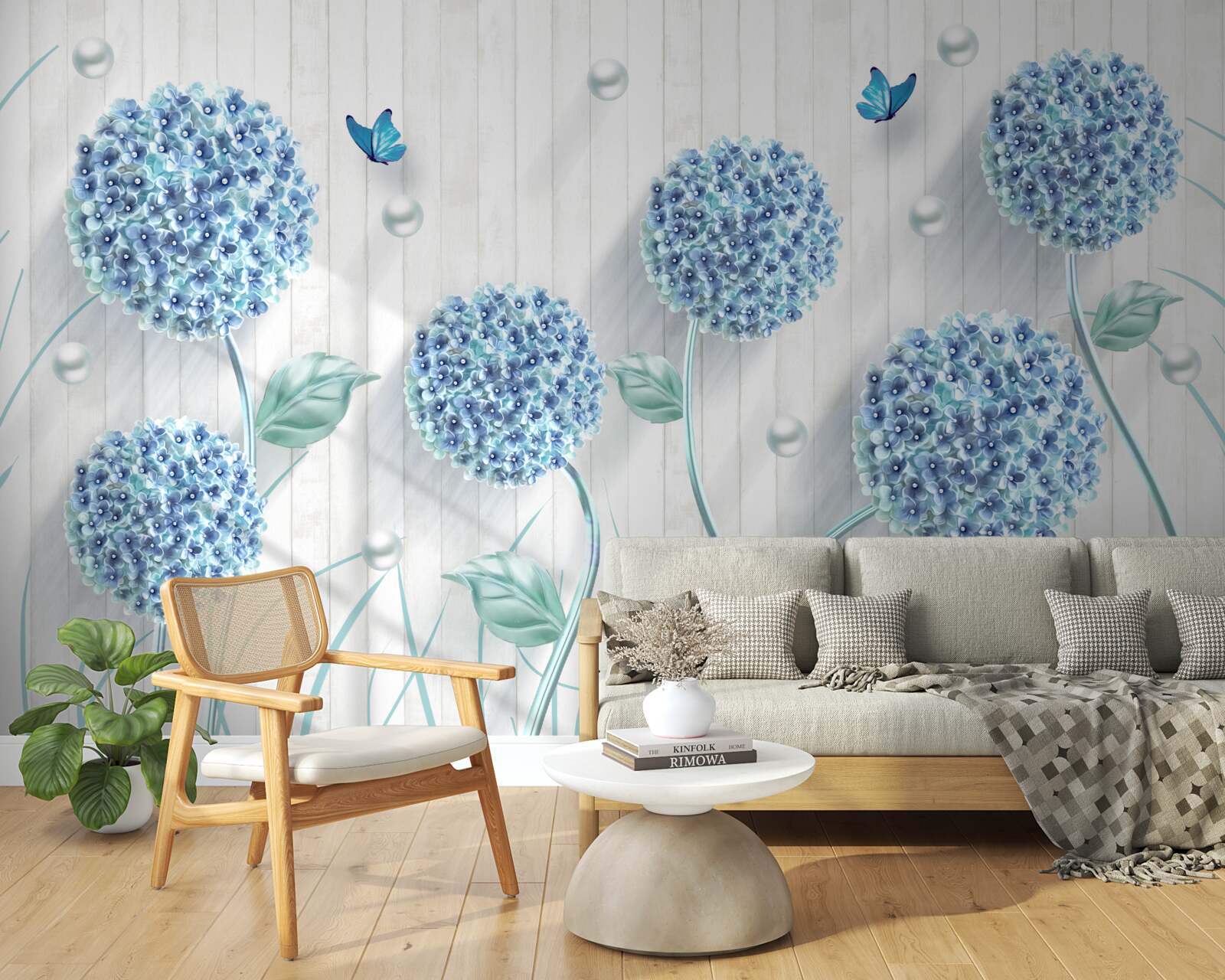 Фотошпалери незвичайні сині метелики та квіти