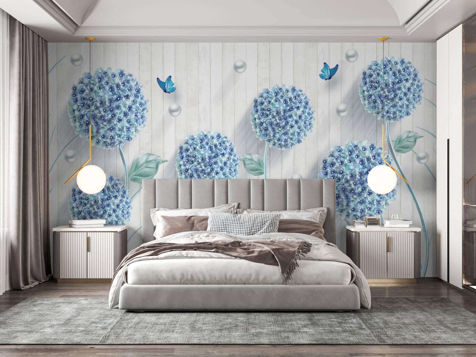 Фотошпалери незвичайні сині метелики та квіти