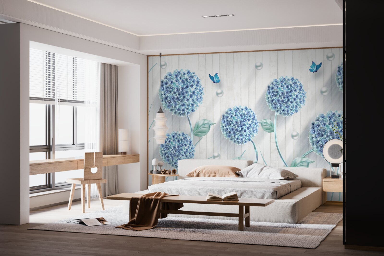 Фотошпалери незвичайні сині метелики та квіти