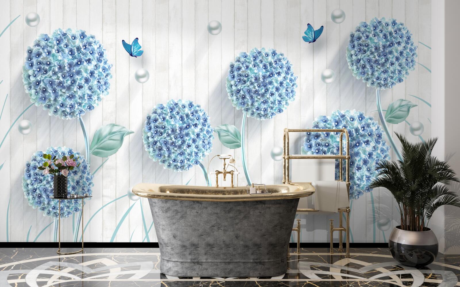 Фотошпалери незвичайні сині метелики та квіти