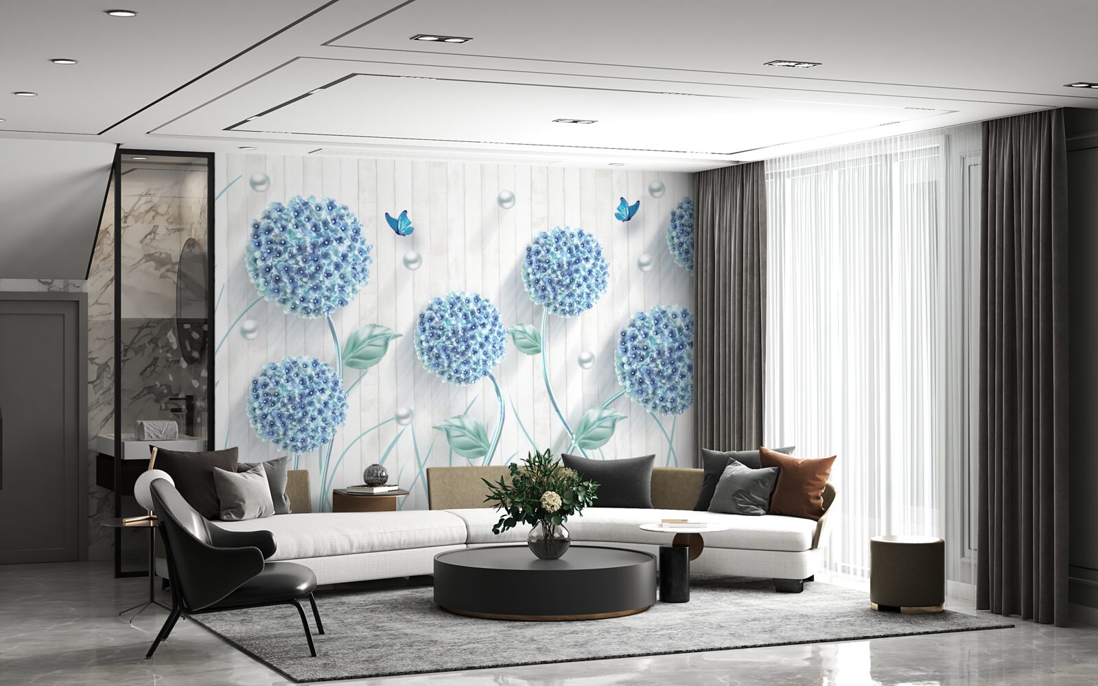 Фотошпалери незвичайні сині метелики та квіти