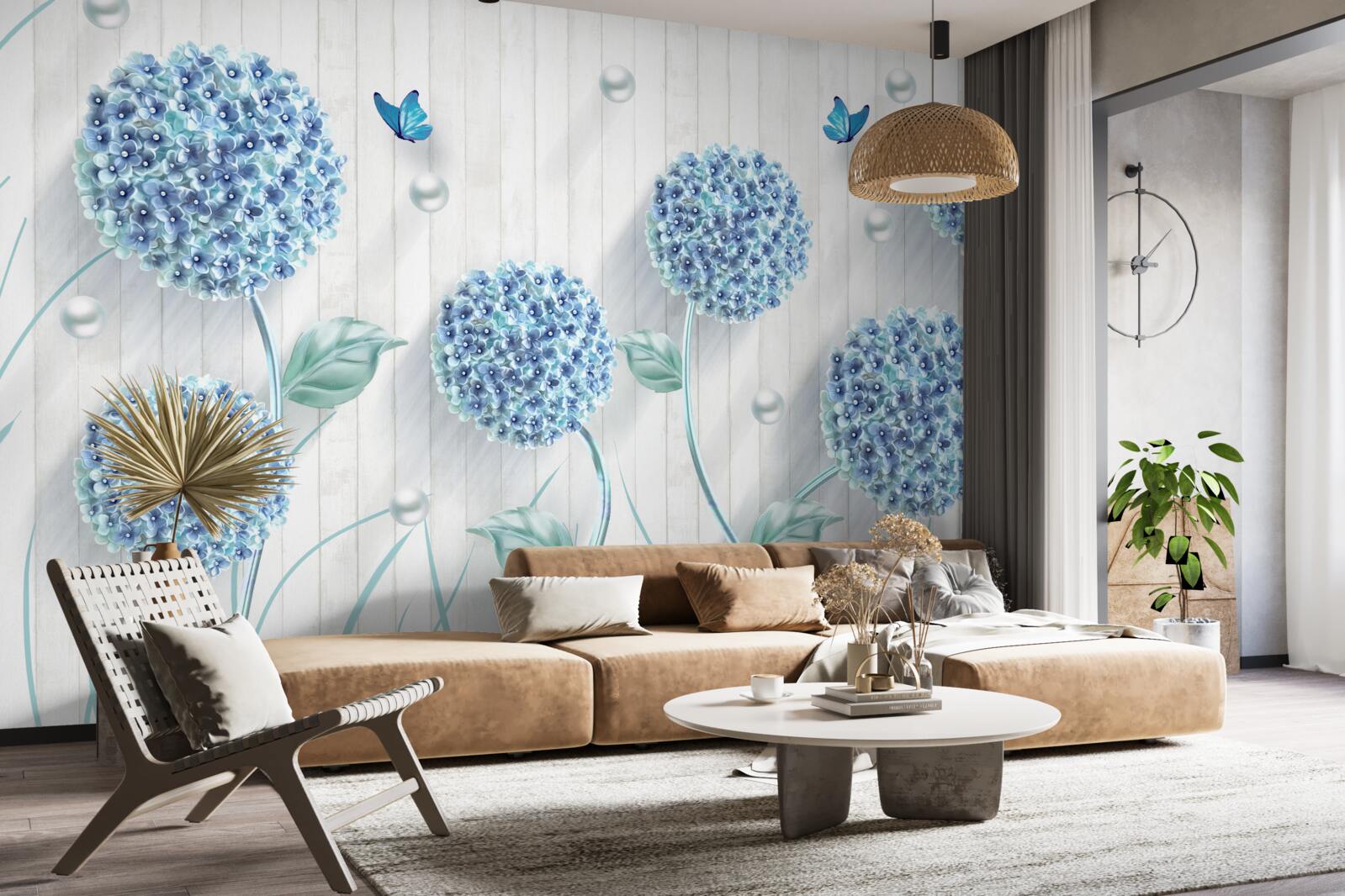 Фотошпалери незвичайні сині метелики та квіти