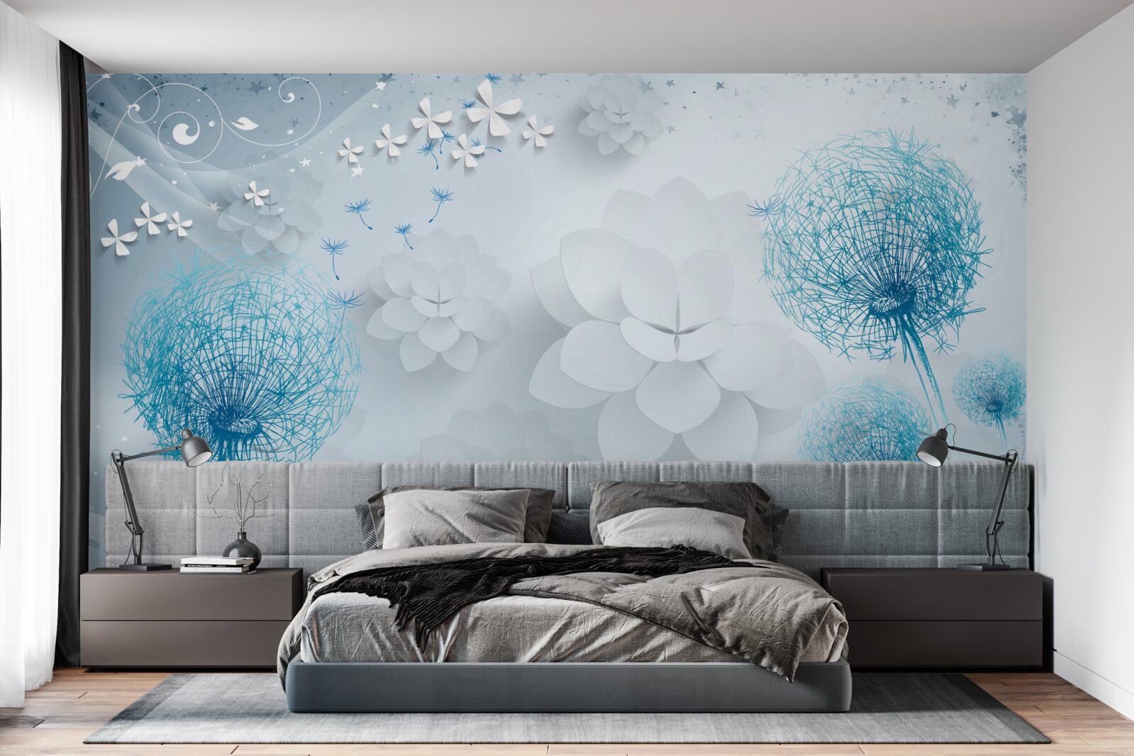 Фотошпалери гама синіх тонів з квітами