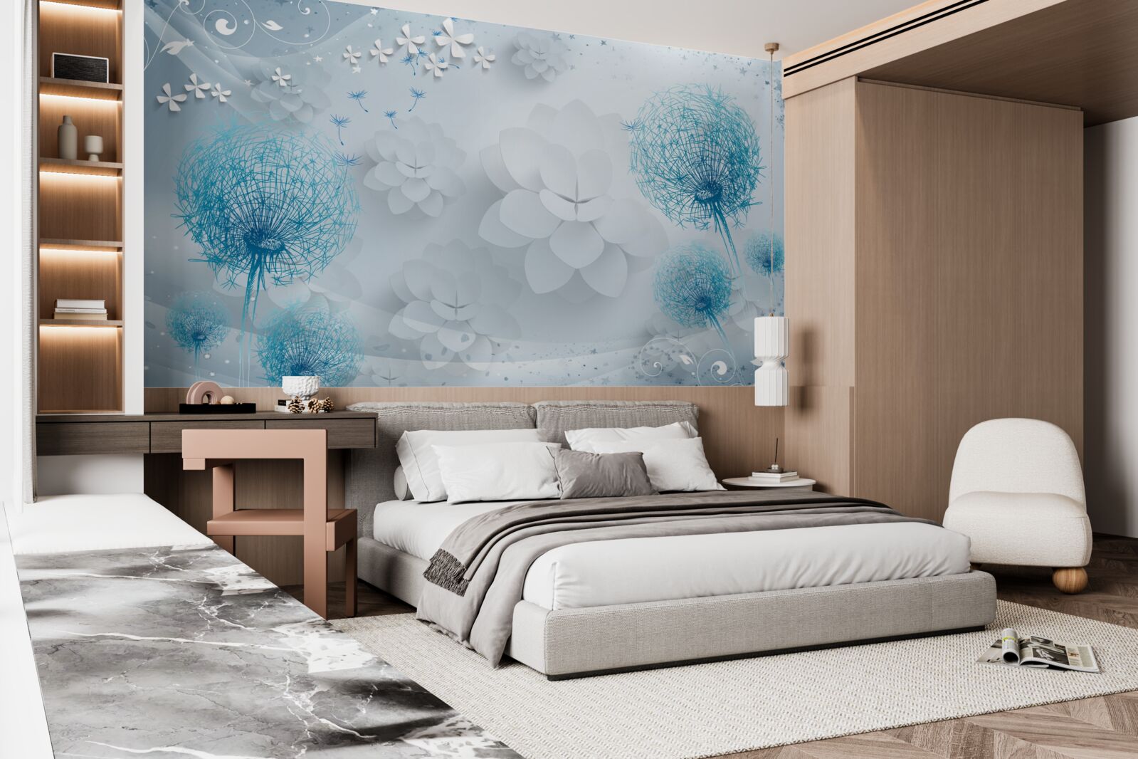 Фотошпалери гама синіх тонів з квітами