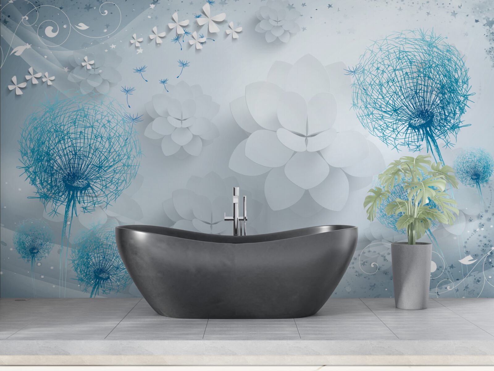 Фотошпалери гама синіх тонів з квітами