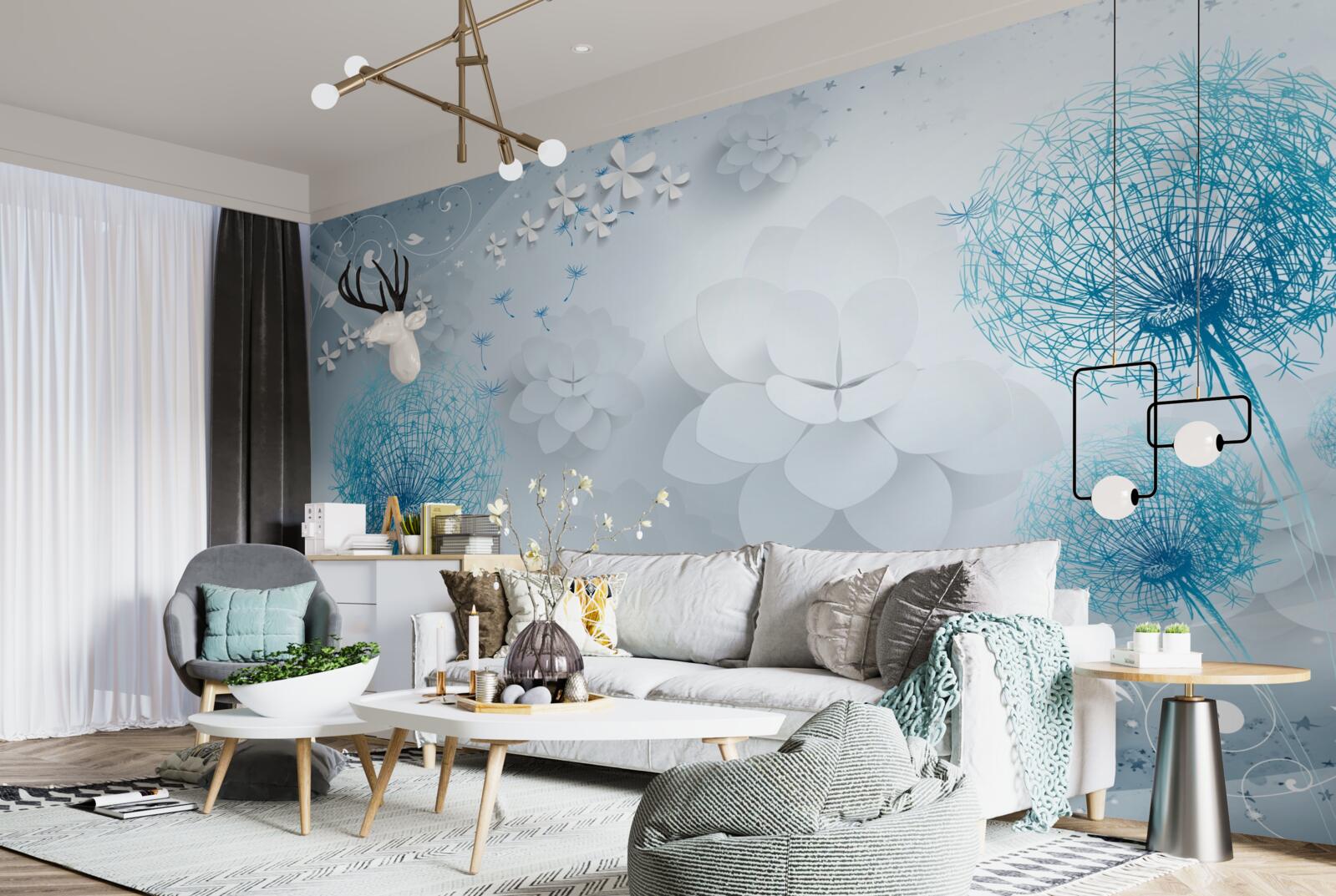 Фотошпалери гама синіх тонів з квітами