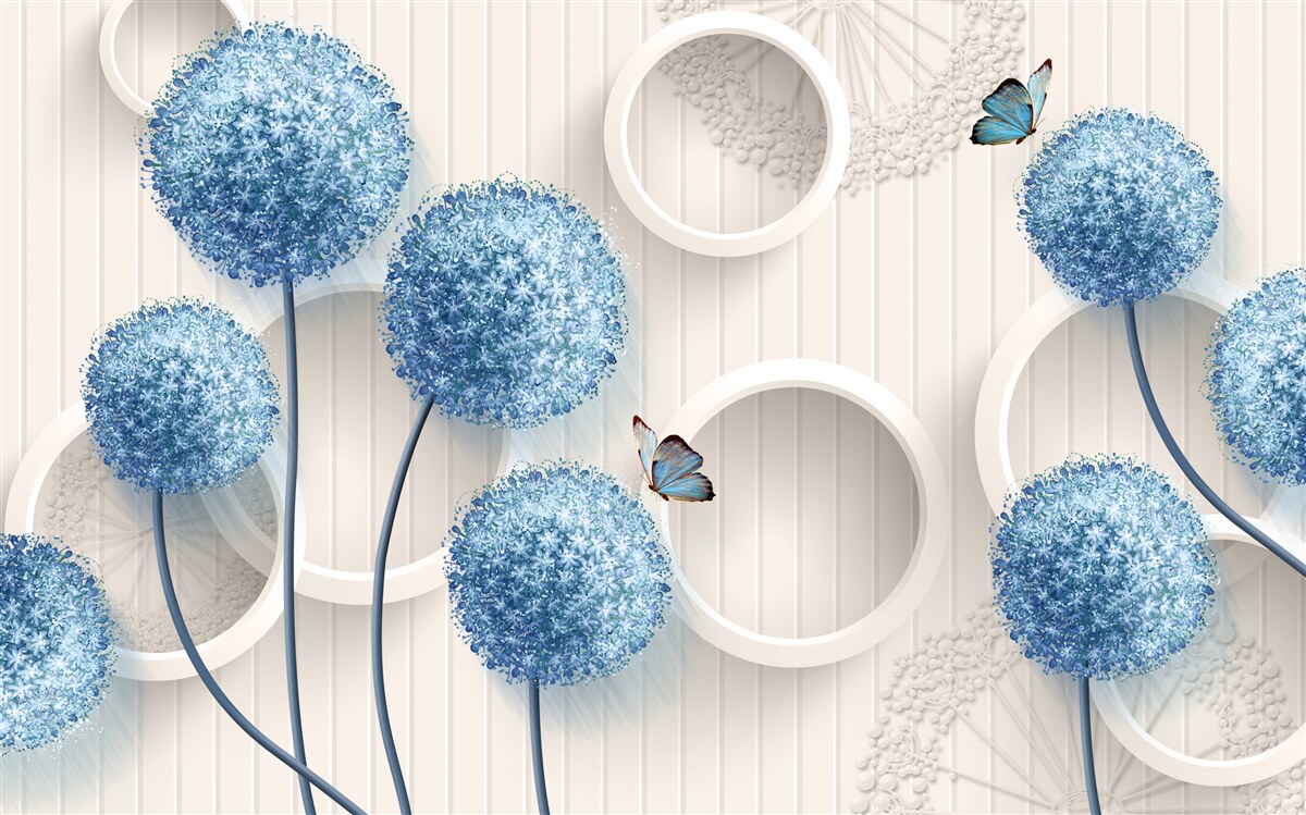 Фотошпалери на білому тлі зображені метелики та блакитні квіти