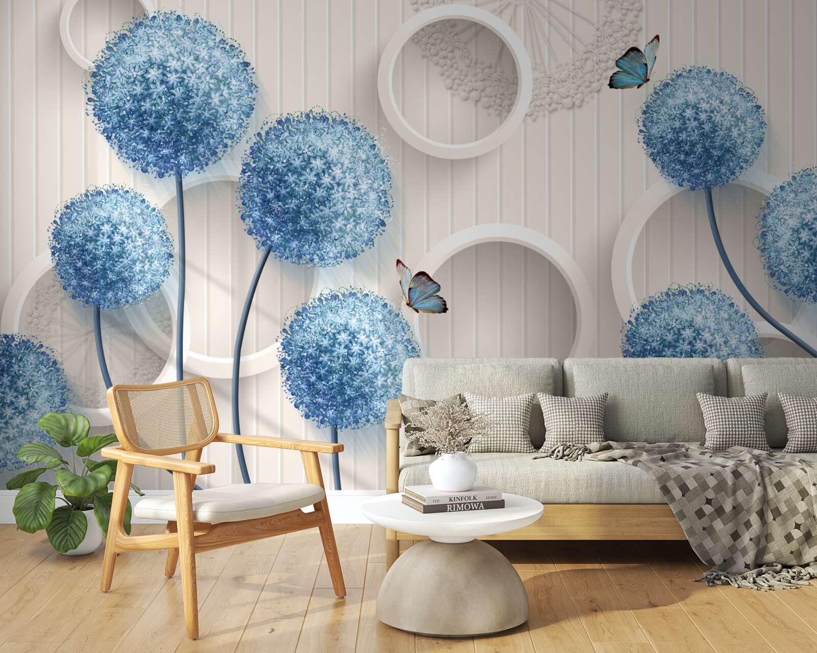 Фотошпалери на білому тлі зображені метелики та блакитні квіти