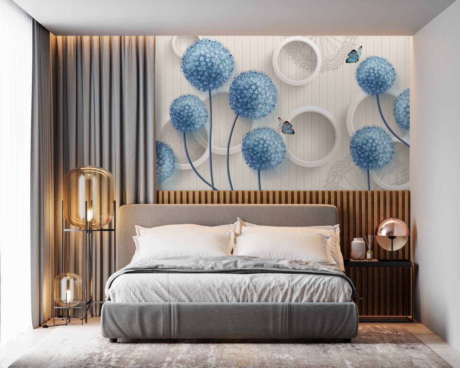 Фотошпалери на білому тлі зображені метелики та блакитні квіти